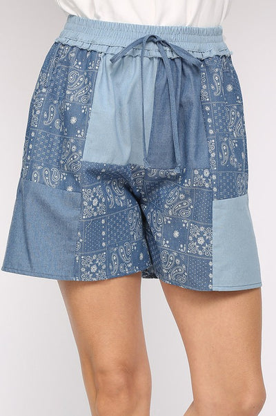 Chambray & Print Mixed Elastic Waist Shorts - by GiGio
