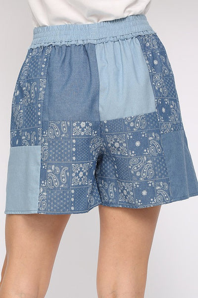 Chambray & Print Mixed Elastic Waist Shorts - by GiGio