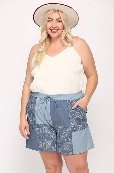 Chambray & Print Mixed Elastic Waist Shorts - by GiGio