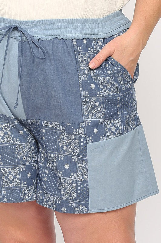 Chambray & Print Mixed Elastic Waist Shorts - by GiGio