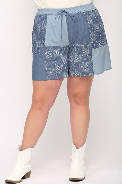 Chambray & Print Mixed Elastic Waist Shorts - by GiGio