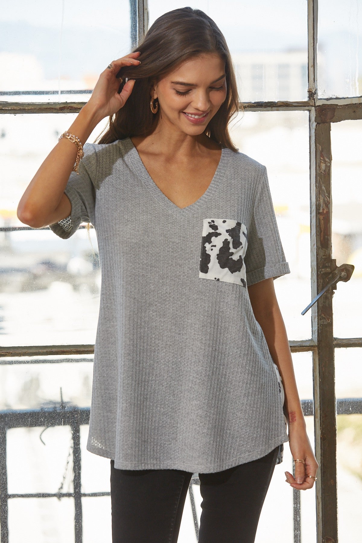 Cow Print V Neck Top