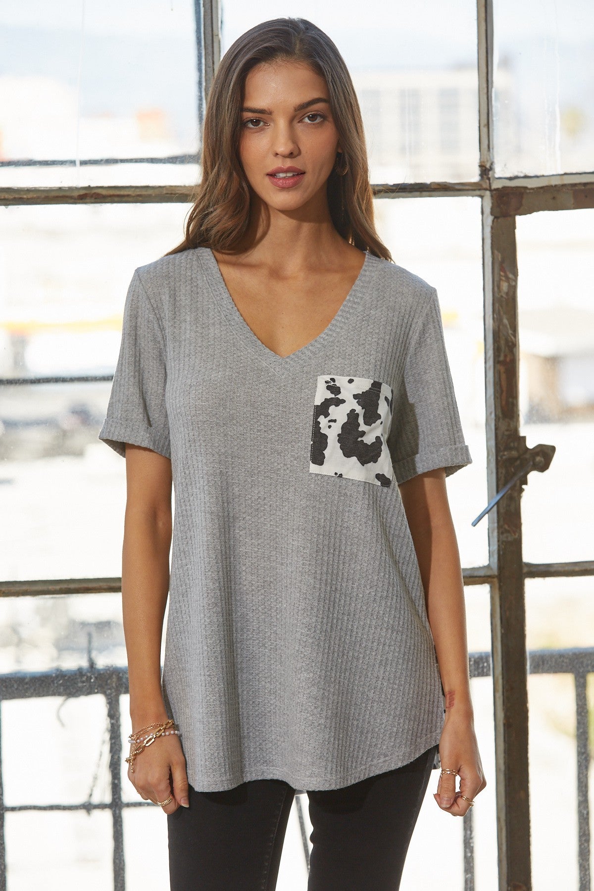 Cow Print V Neck Top