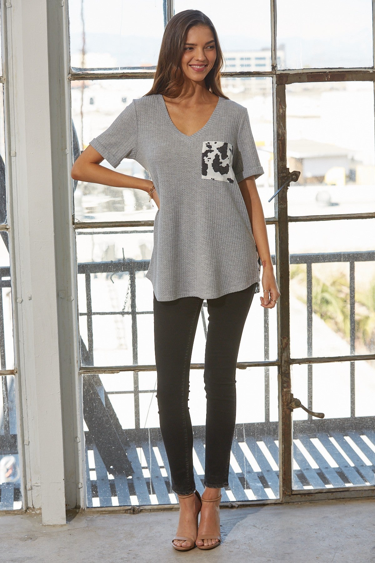 Cow Print V Neck Top