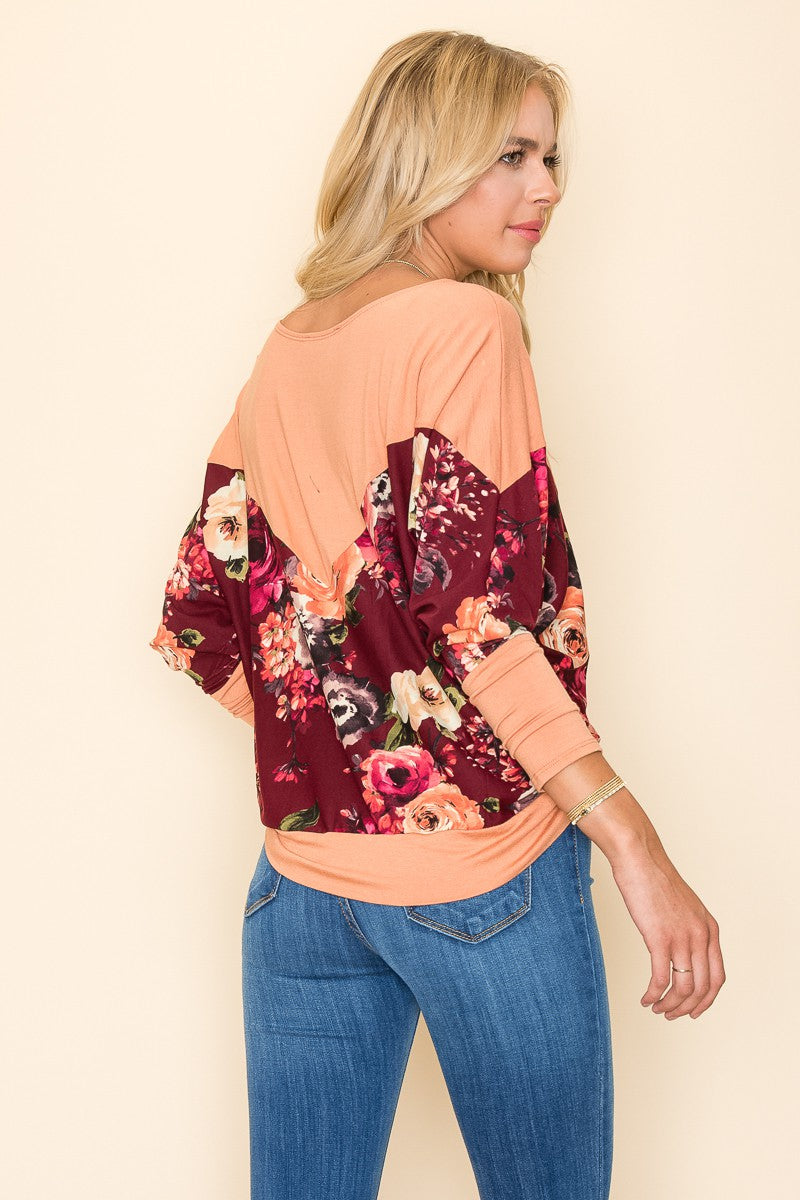 Floral Panel Boat Neck Top - a.gain Brand