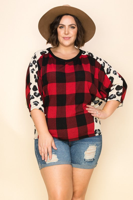 Plaid + Leopard Dolman Top - a.gain Brand