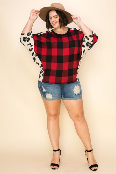 Plaid + Leopard Dolman Top - a.gain Brand