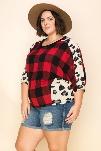 Plaid + Leopard Dolman Top - a.gain Brand