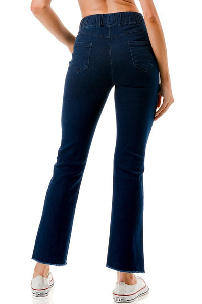 Dark Wash Raw Hem Pull On Jeans