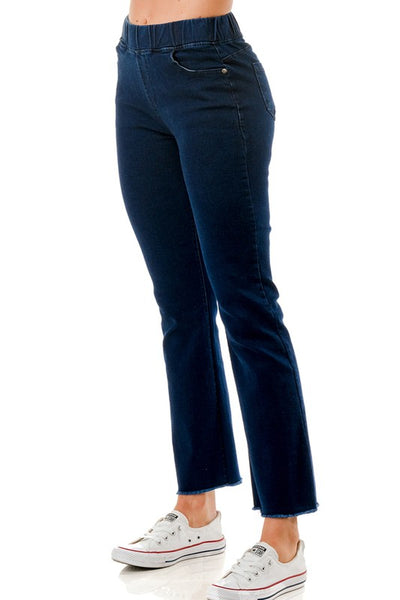 Dark Wash Raw Hem Pull On Jeans
