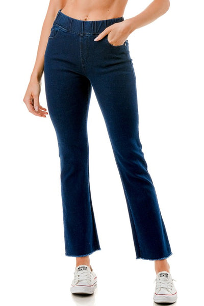 Dark Wash Raw Hem Pull On Jeans