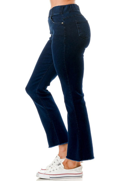 Dark Wash Raw Hem Pull On Jeans