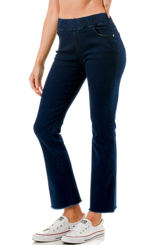 Dark Wash Raw Hem Pull On Jeans