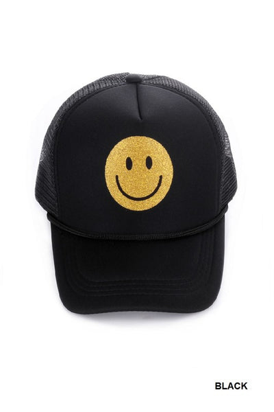 Be Happy Glitter Smiley Trucker Hat