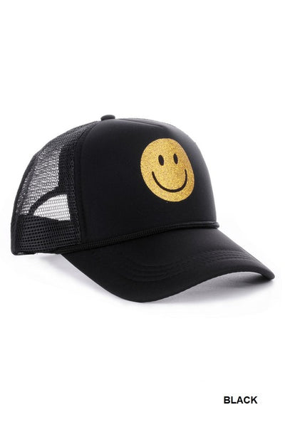 Be Happy Glitter Smiley Trucker Hat