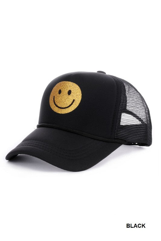 Be Happy Glitter Smiley Trucker Hat