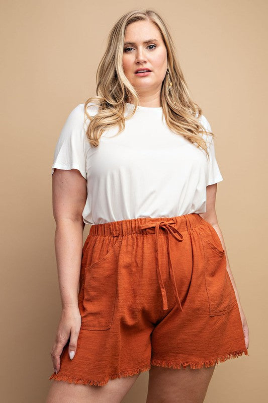 Red Clay Drawstring Waist Frayed Hem Shorts - by GiGio