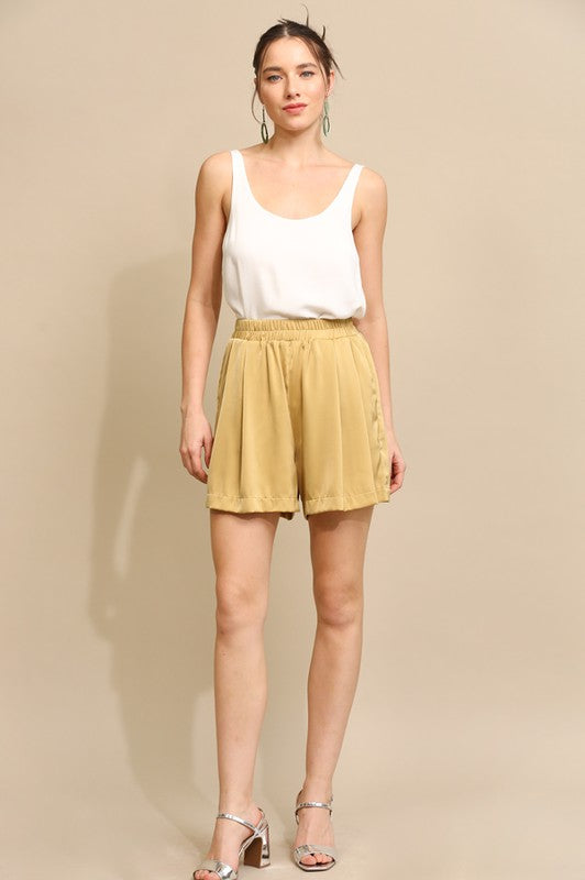 Golden Pleated Wide Leg Satin Shorts - by GiGio
