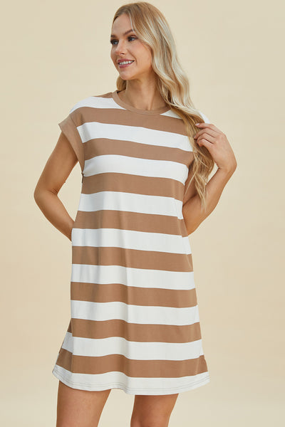 Basic Bae Full Size Striped Round Neck Cap Sleeve Mini Dress