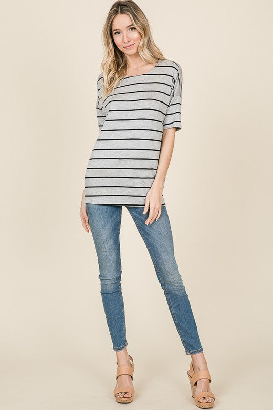 Basic Short Sleeve Striped Top by Bombom