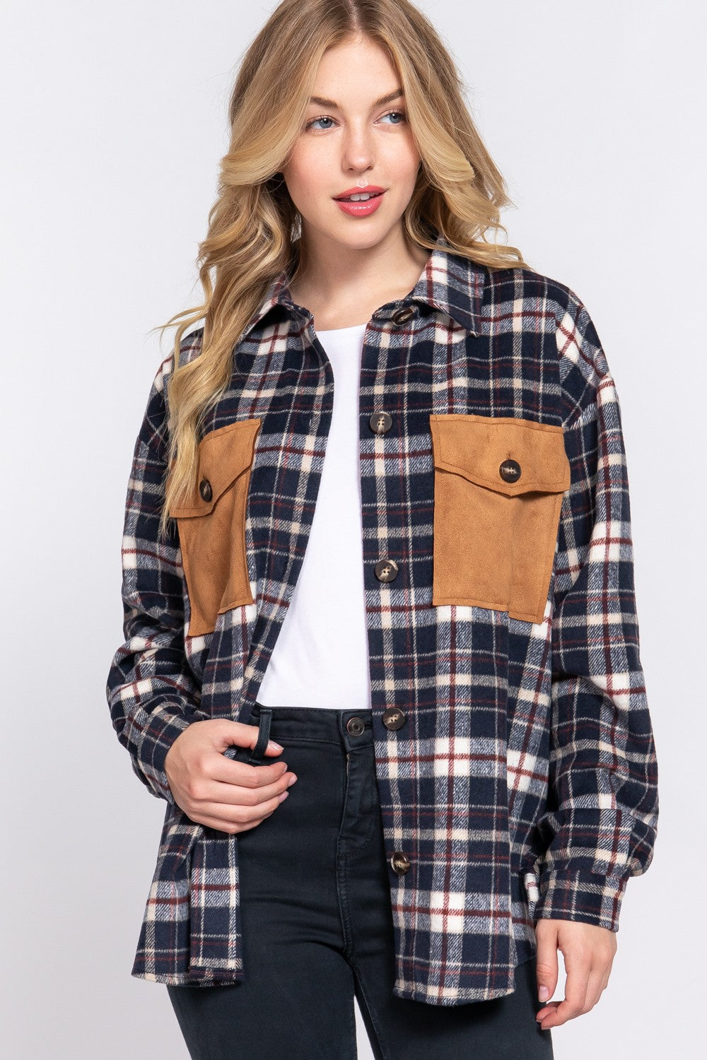 Suede Pocket Shacket in Navy + Burgundy