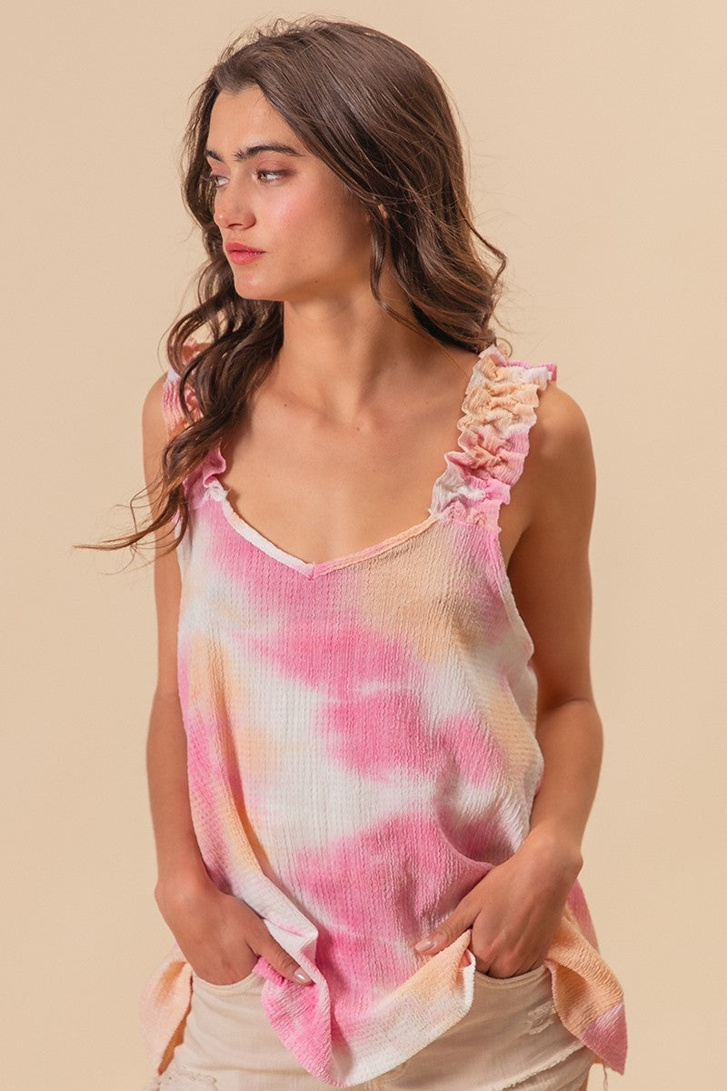 Peach + Pink Ruffle Tie-Dye Tank